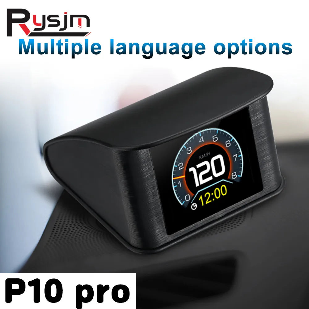 Car headrest monitor with digital display and 'Rysjm' branding, showing multiple language options and model 'P10 pro'.