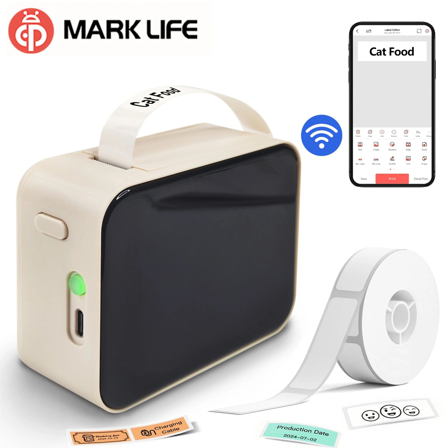 Beige label printer with smartphone app interface and Mark Life branding on a white background