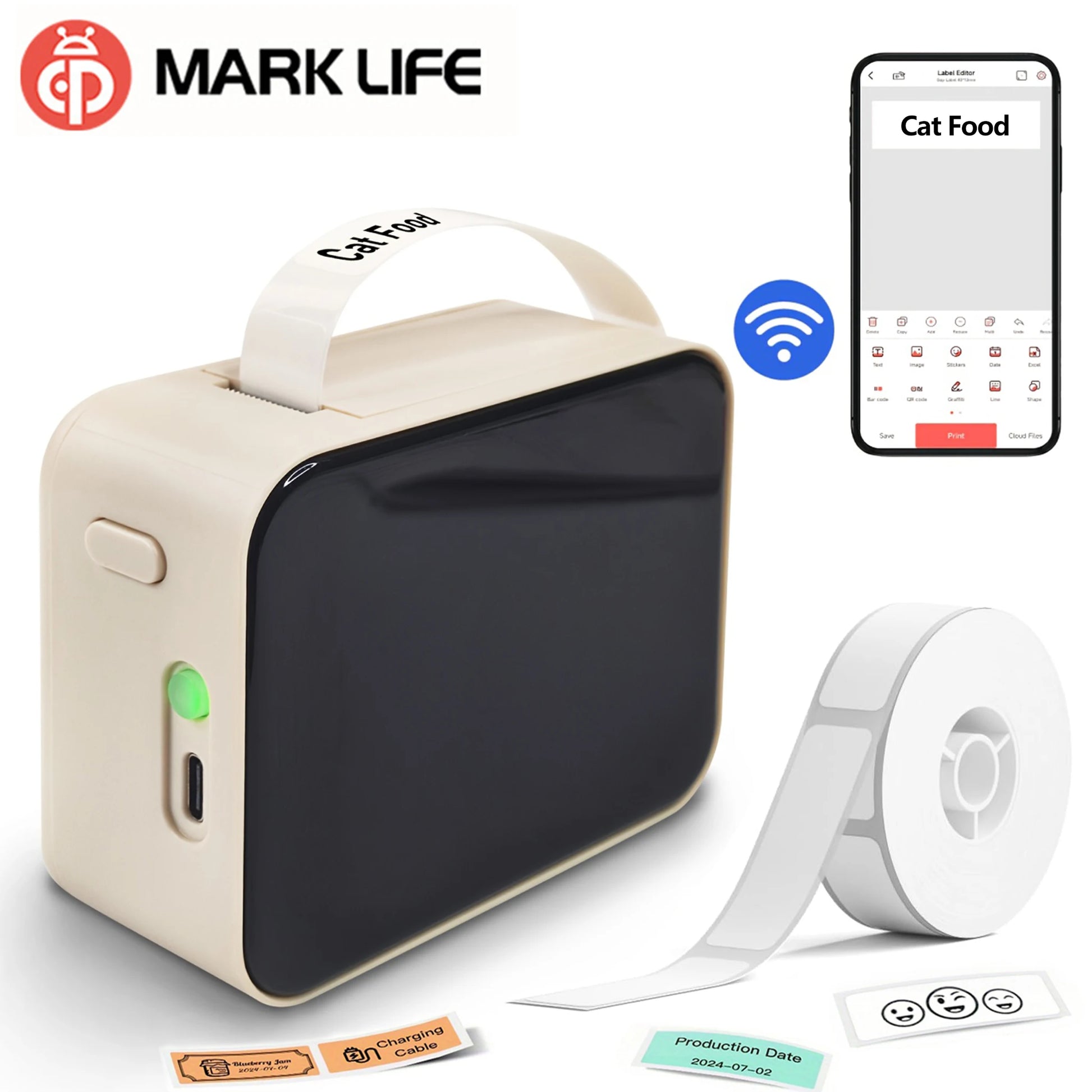 Beige label printer with smartphone app interface and Mark Life branding on a white background