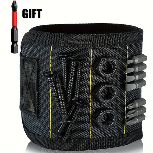 Black tool belt with tools and a drill bit on a white background