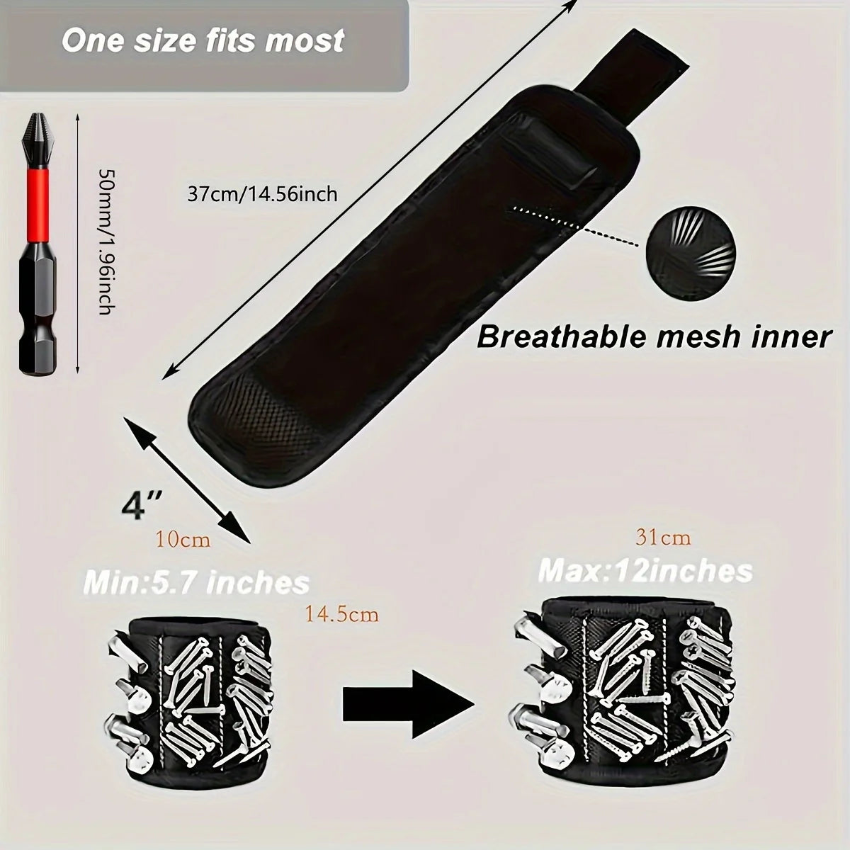 Black tool belt with measurements and features on a light gray background