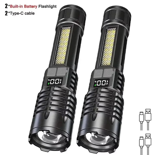 Two black flashlights with digital displays on a white background, featuring text about battery and cable types.