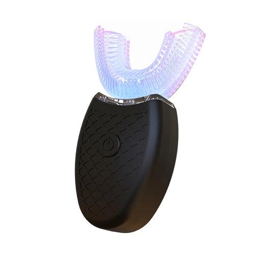 Black dental device with a glowing purple and blue mouthpiece on a white background