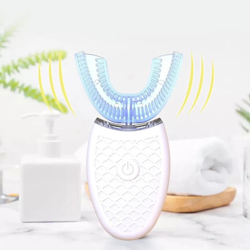 White dental device with blue top on a white background