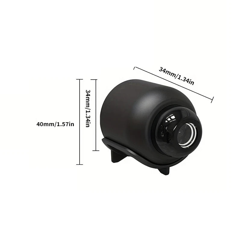 Black camera lens with dimensions labeled on a white background
