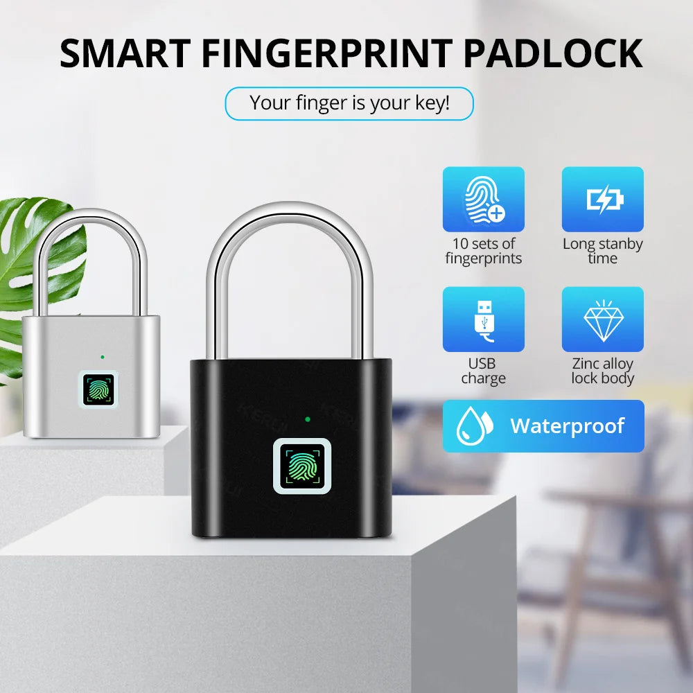 Smart fingerprint padlock with features listed on a blurred indoor background