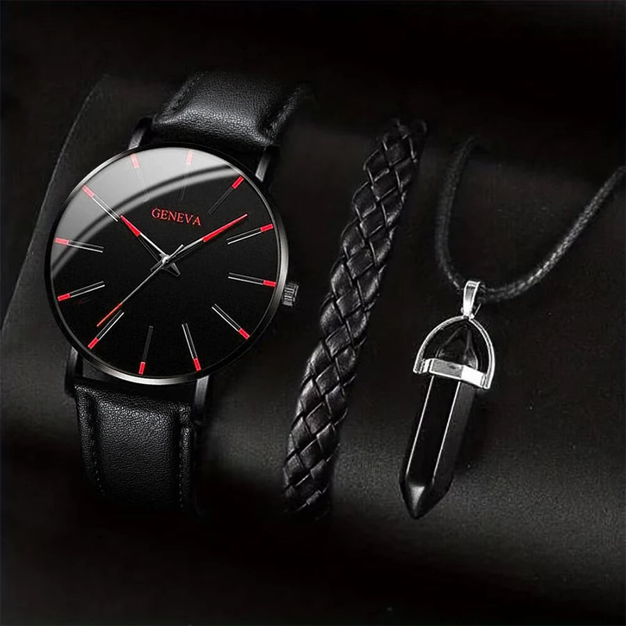 Black Geneva watch and necklace with pendant on a dark background