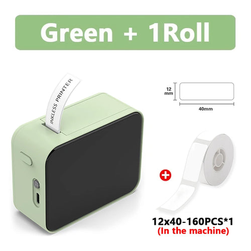 Green inkless printer with a roll of white tape on a white background