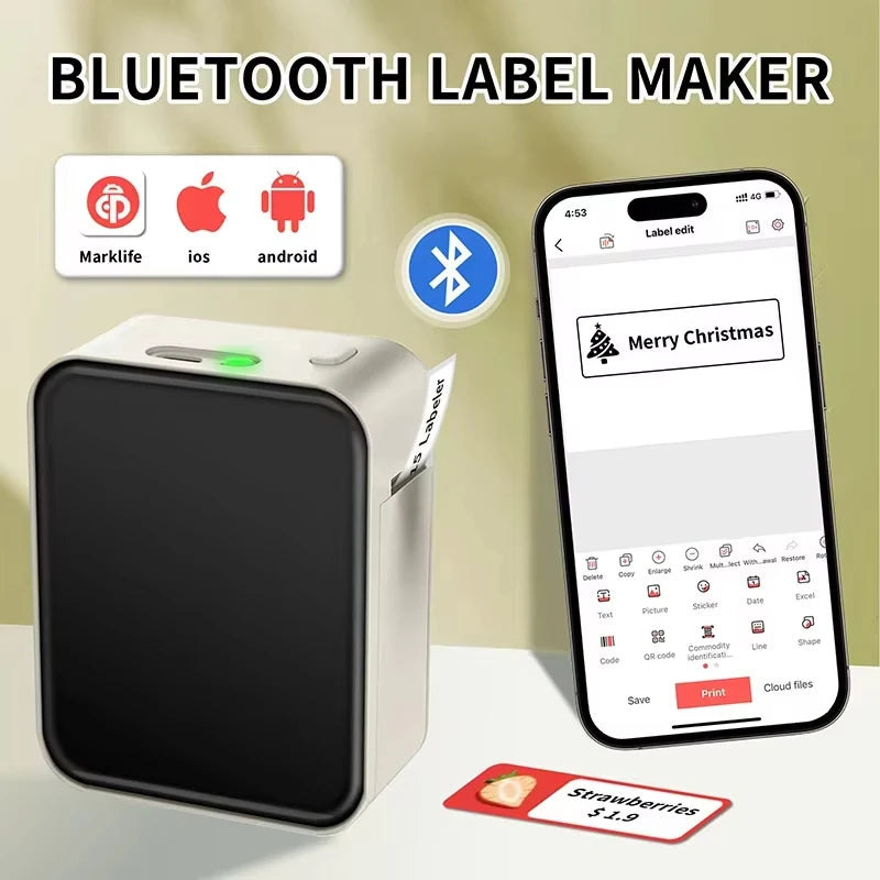 Bluetooth label maker device with smartphone app on a beige background
