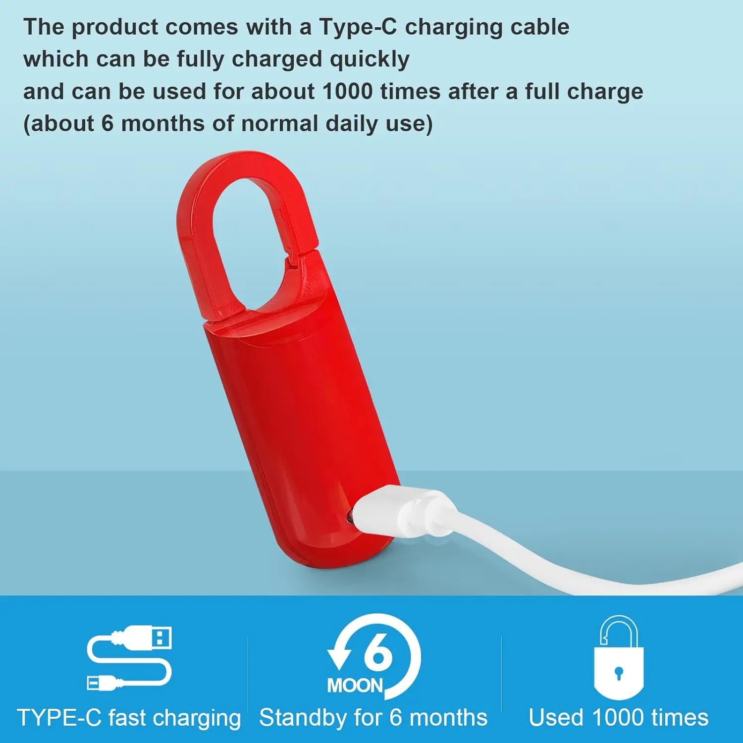 Red product with Type-C charging cable on a blue background
