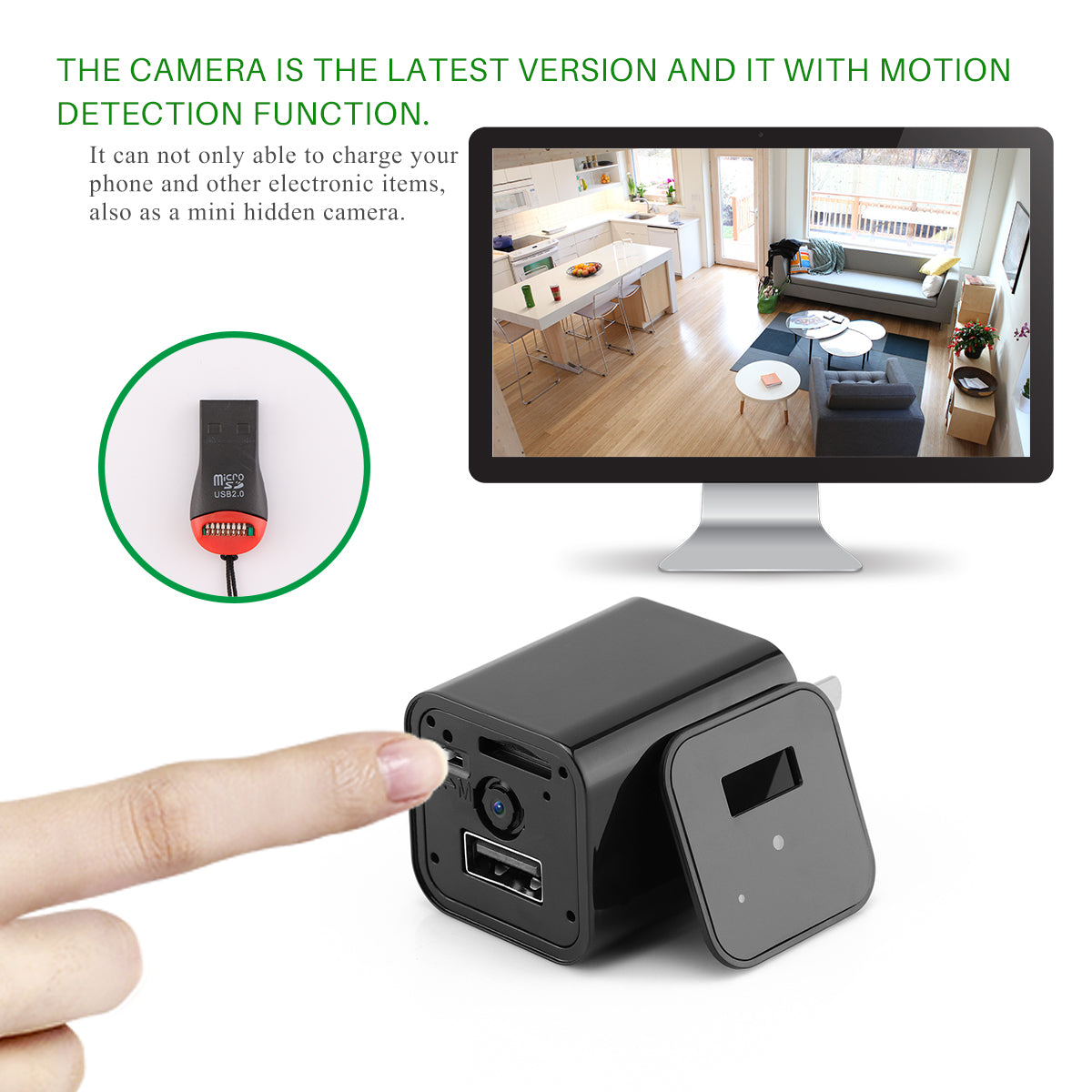 Black camera with charging cable, shown on a white background with text about motion detection and charging capabilities.
