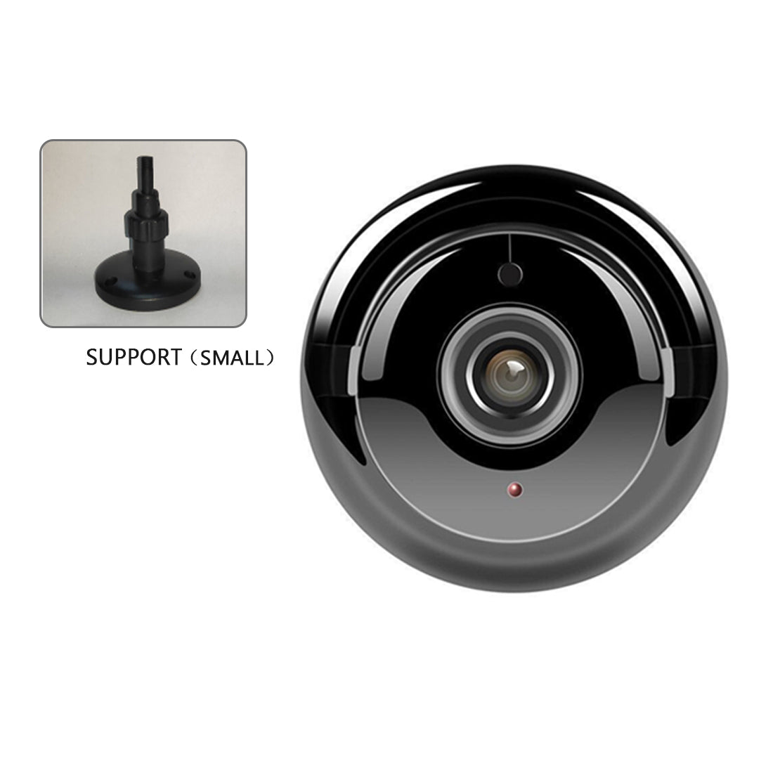 Small black camera with support bracket on a white background