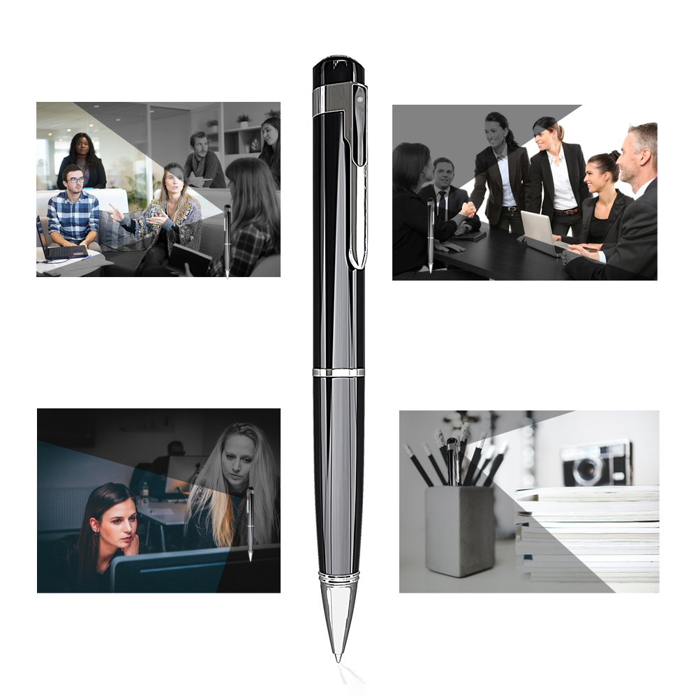 Silver pen with black accents on a white background, surrounded by office scenes.