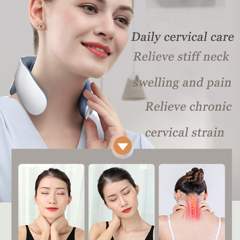 Woman using a neck device with text on cervical care benefits.