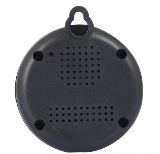 Black round speaker with a hanging hook on a white background