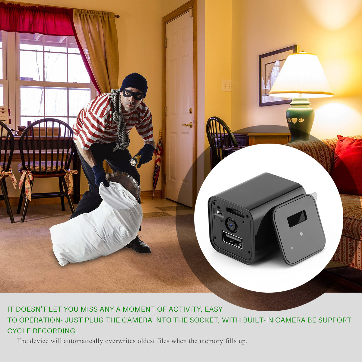 Person with a bag and mask in a room, with a close-up of a camera device.