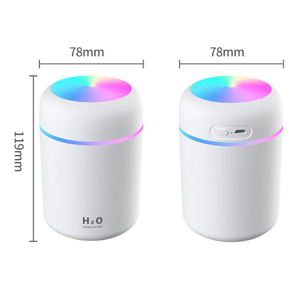 Two cylindrical devices with colorful LED lights and 'H2O' branding, shown with measurements on a white background.