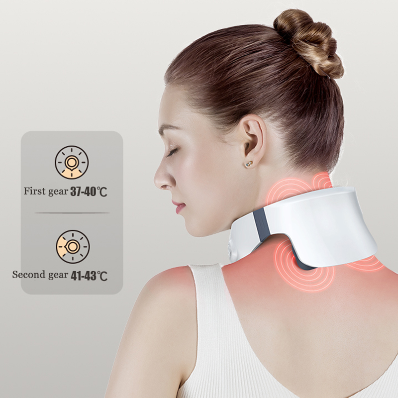 Woman wearing a neck massager with temperature display on a light background
