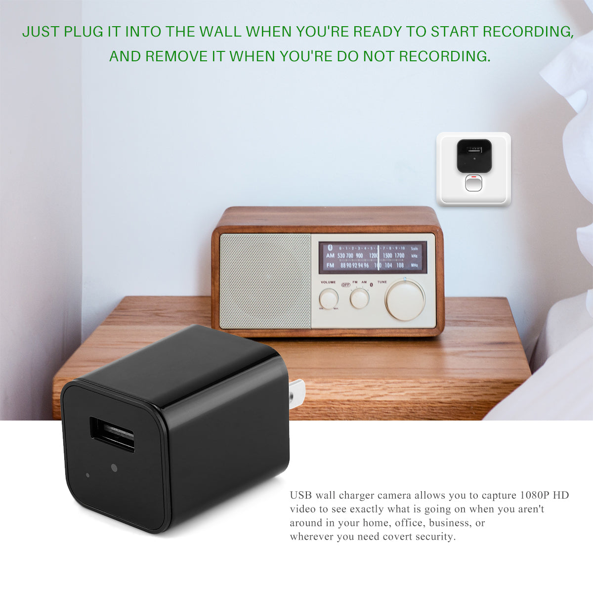 Black USB wall charger camera on a wooden surface with text instructions.