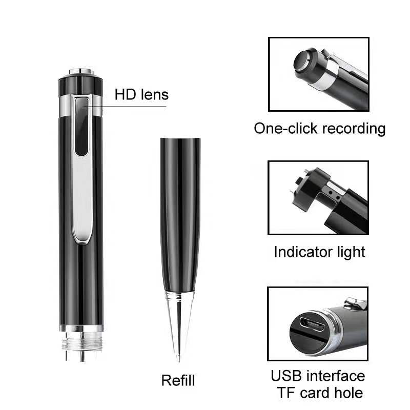 Black pen with labeled features on a white background