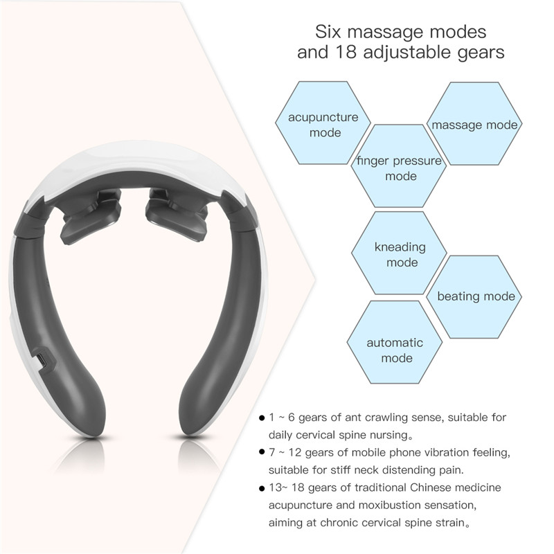 Neck massager with massage modes and adjustable gears on a white background