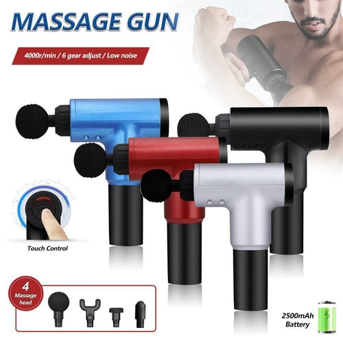 Massage gun with color options and features displayed on a white background