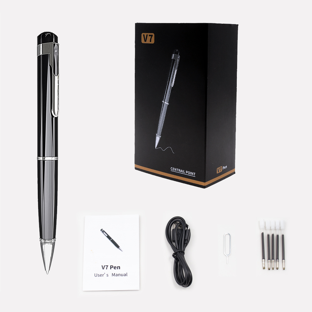 V7 pen set with pen, packaging, user manual, cable, and ink cartridges on a white background