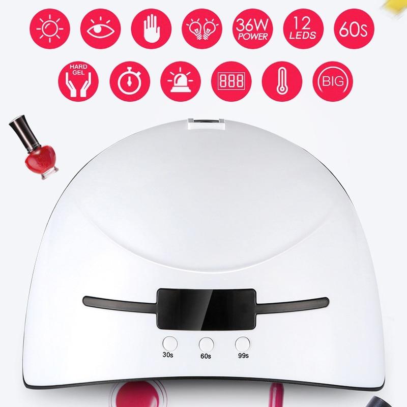 White nail dryer with digital display and various icons above it on a white background.