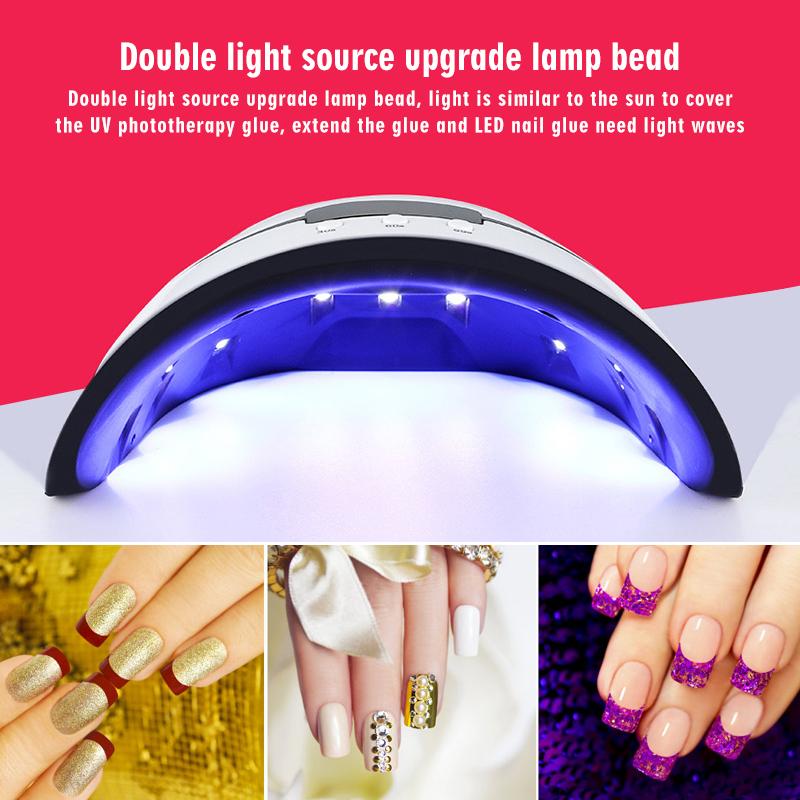 Nail lamp with text about double light source upgrade and nail art examples.