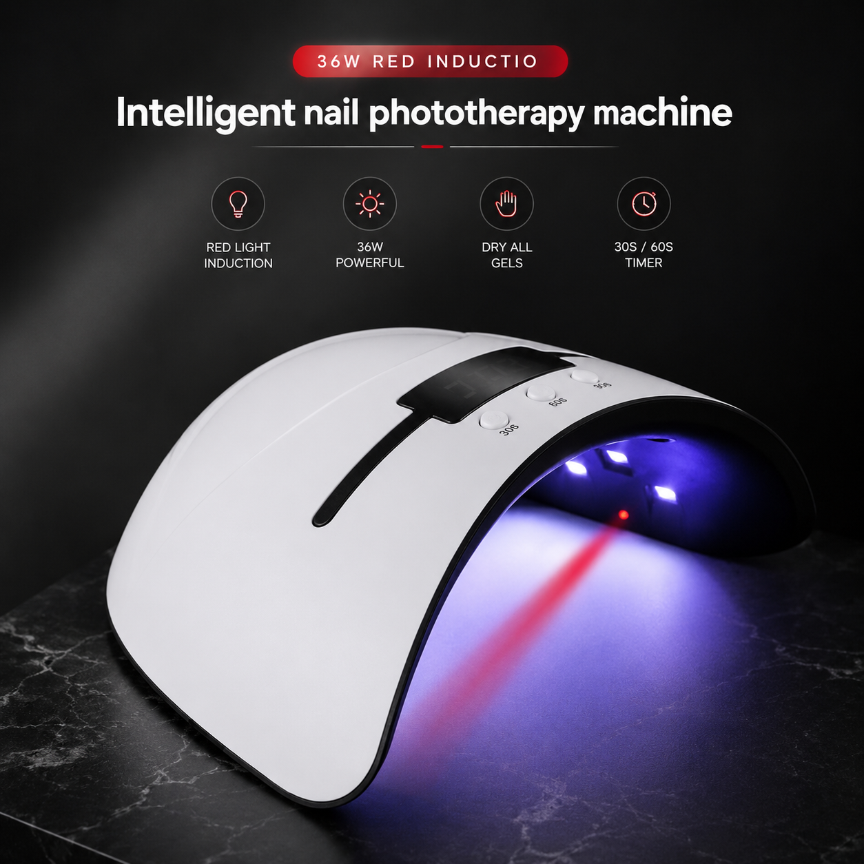 Intelligent nail phototherapy machine with red and UV lights on a dark background