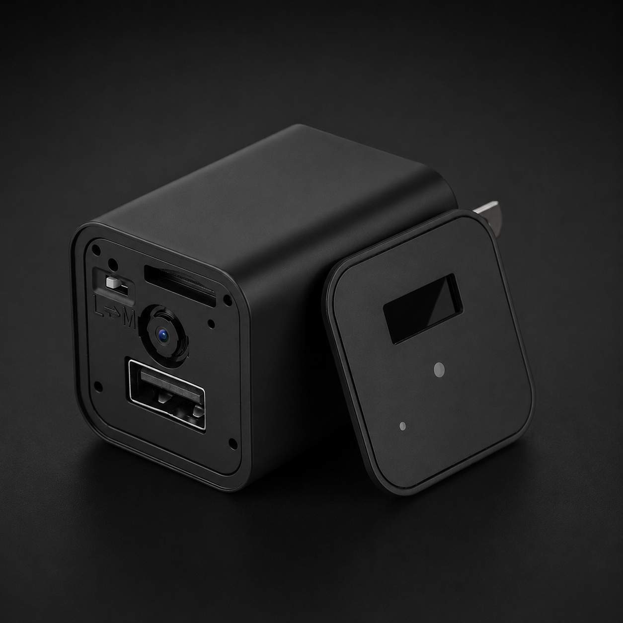 Black electronic device with multiple ports on a dark background