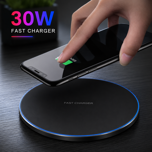 Hand using a smartphone on a wireless charger with '30W Fast Charger' text.