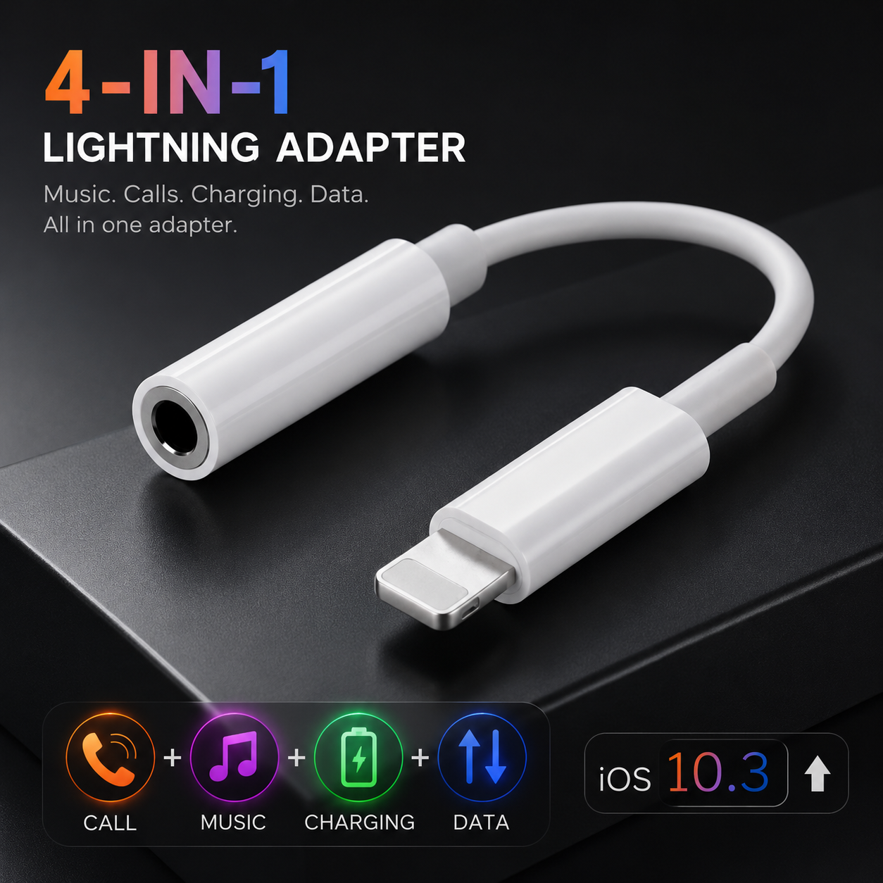 4-in-1 Lightning adapter on a dark background with text and icons indicating its functions.